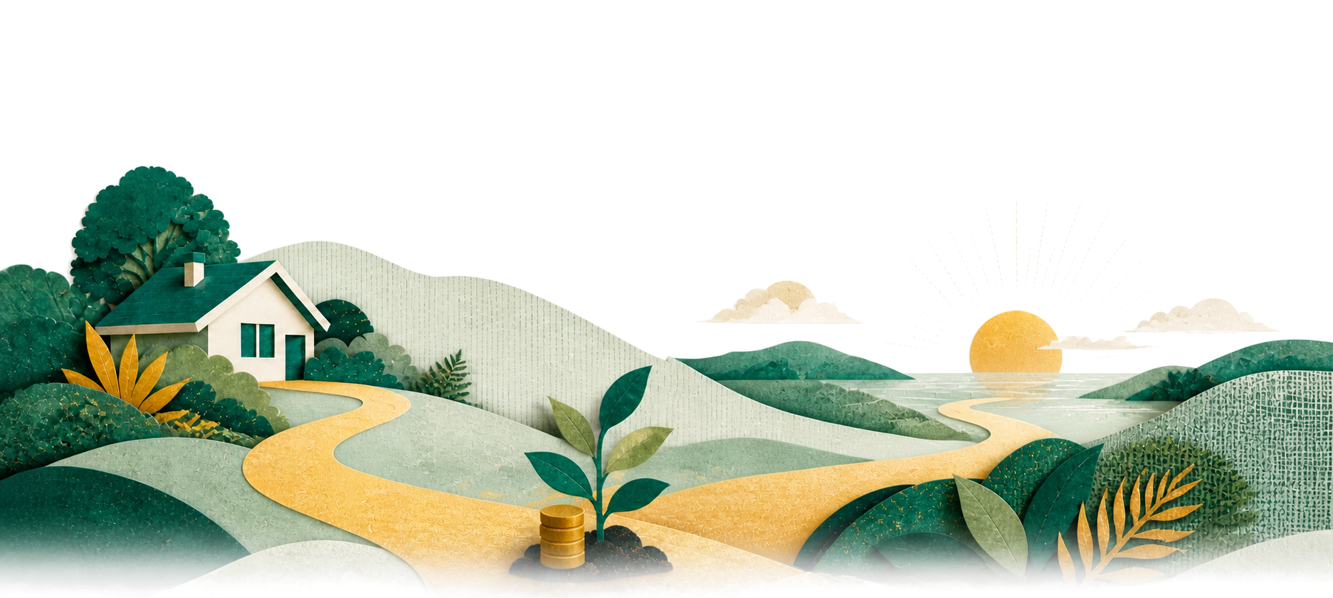 Layered paper illustration of a path connecting a home, growing savings and a future horizon